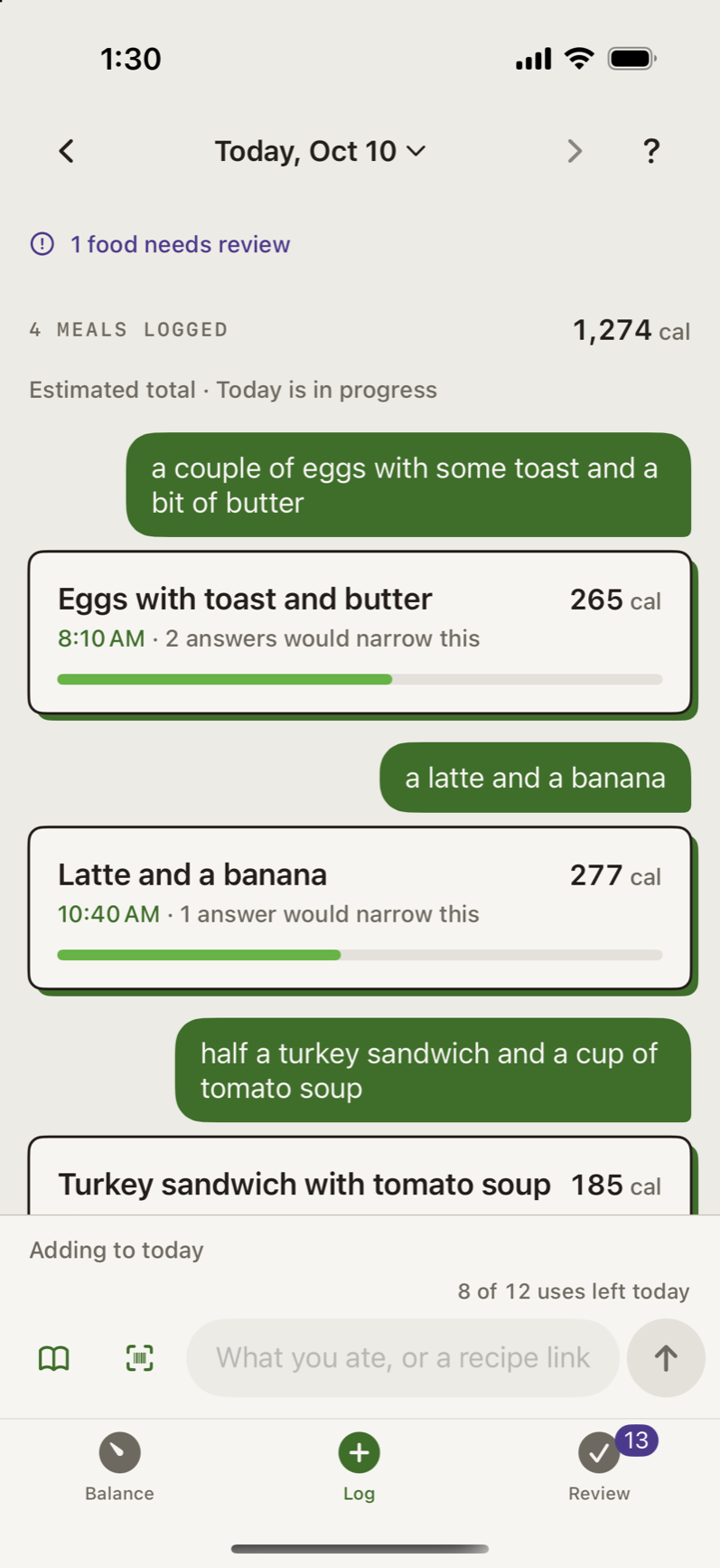 The Log for today: each sentence as typed, then its meal with a title, the time eaten and calories.