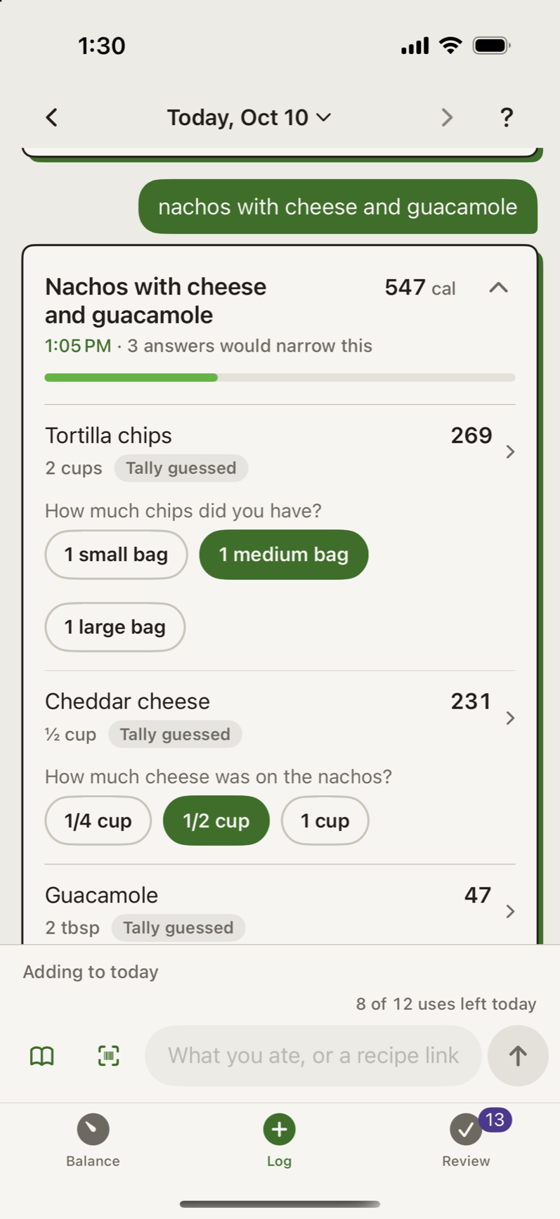 Nachos with cheese and guacamole opened: tortilla chips, cheddar and guacamole, each marked Tally guessed with a question and size chips.