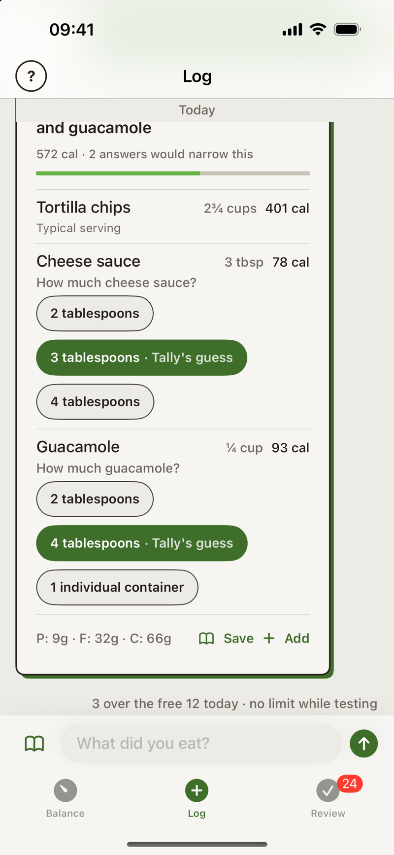 A logged meal in Tally with each guessed food showing its question and the amounts to pick from.